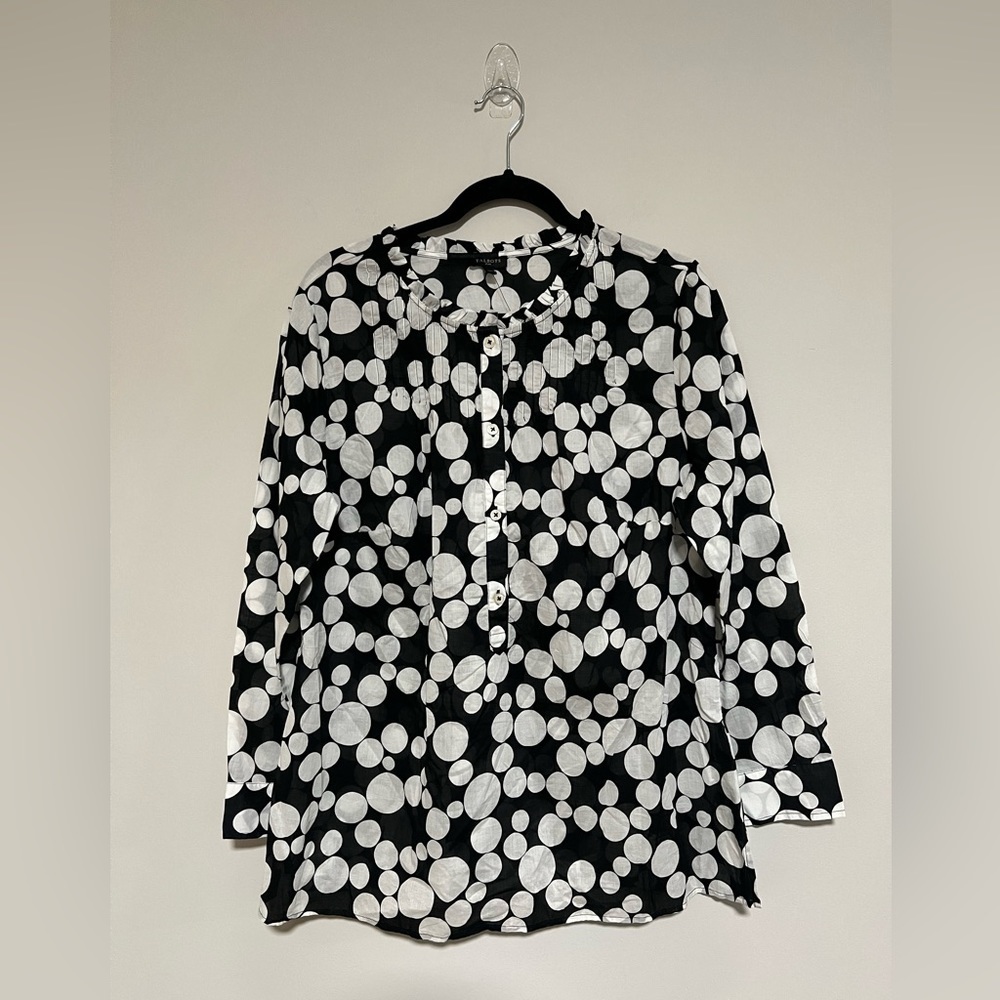 Talbots Plus Black White Long Sleeve Popover Top Size X Dots Lightweight Cotton